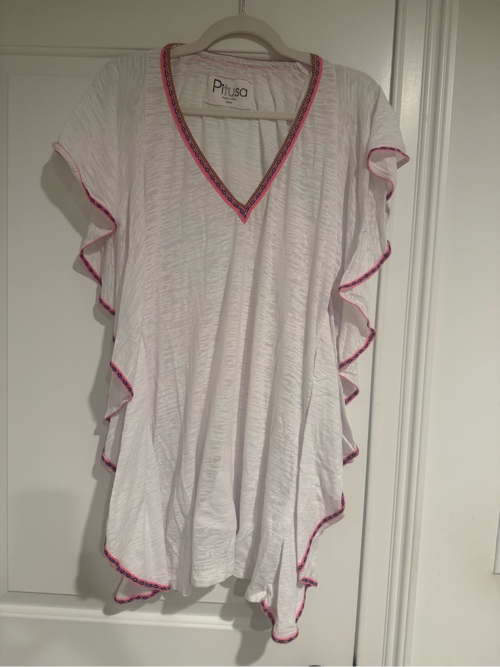 Pitusa White V-Neck Coverup with Pink Trim